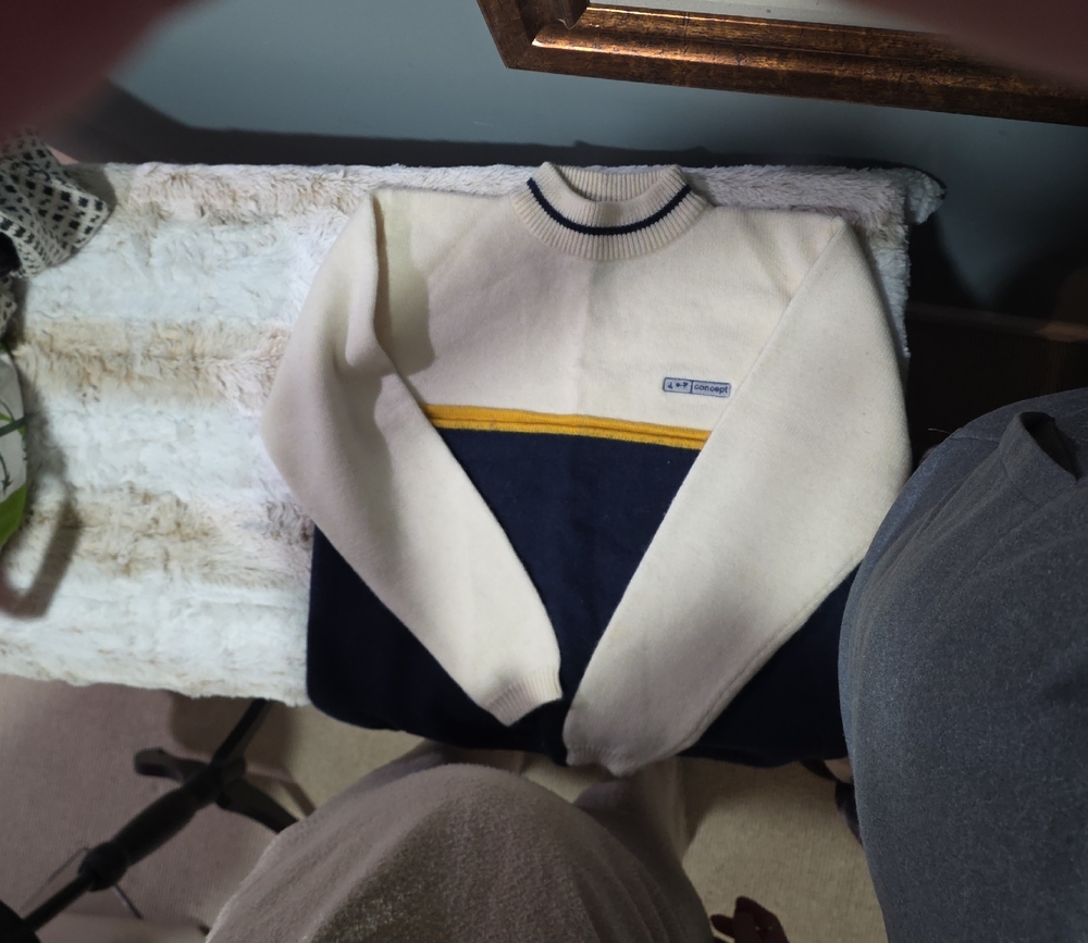 Men's Crewneck Sweater in Cream, Navy, and Yellow